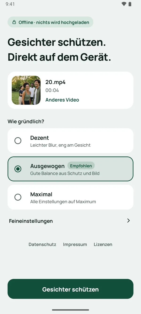 Blurbit-Startbildschirm mit Auswahl der Gründlichkeit