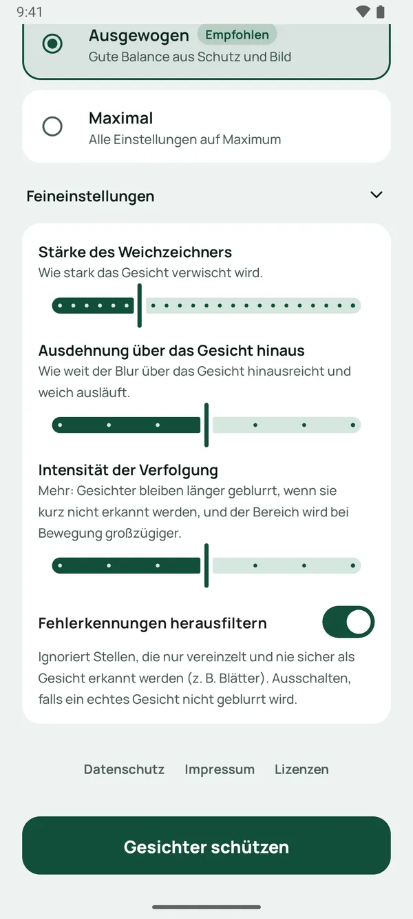 Feineinstellungen für Stärke und Verfolgung