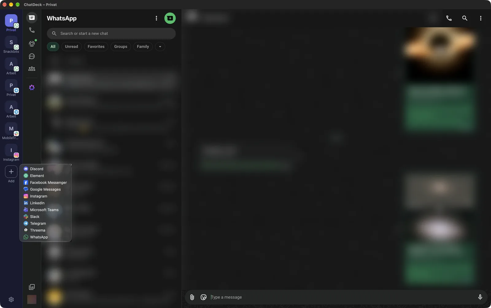 ChatDeck with the menu of all eleven messengers open next to the sidebar’s plus button