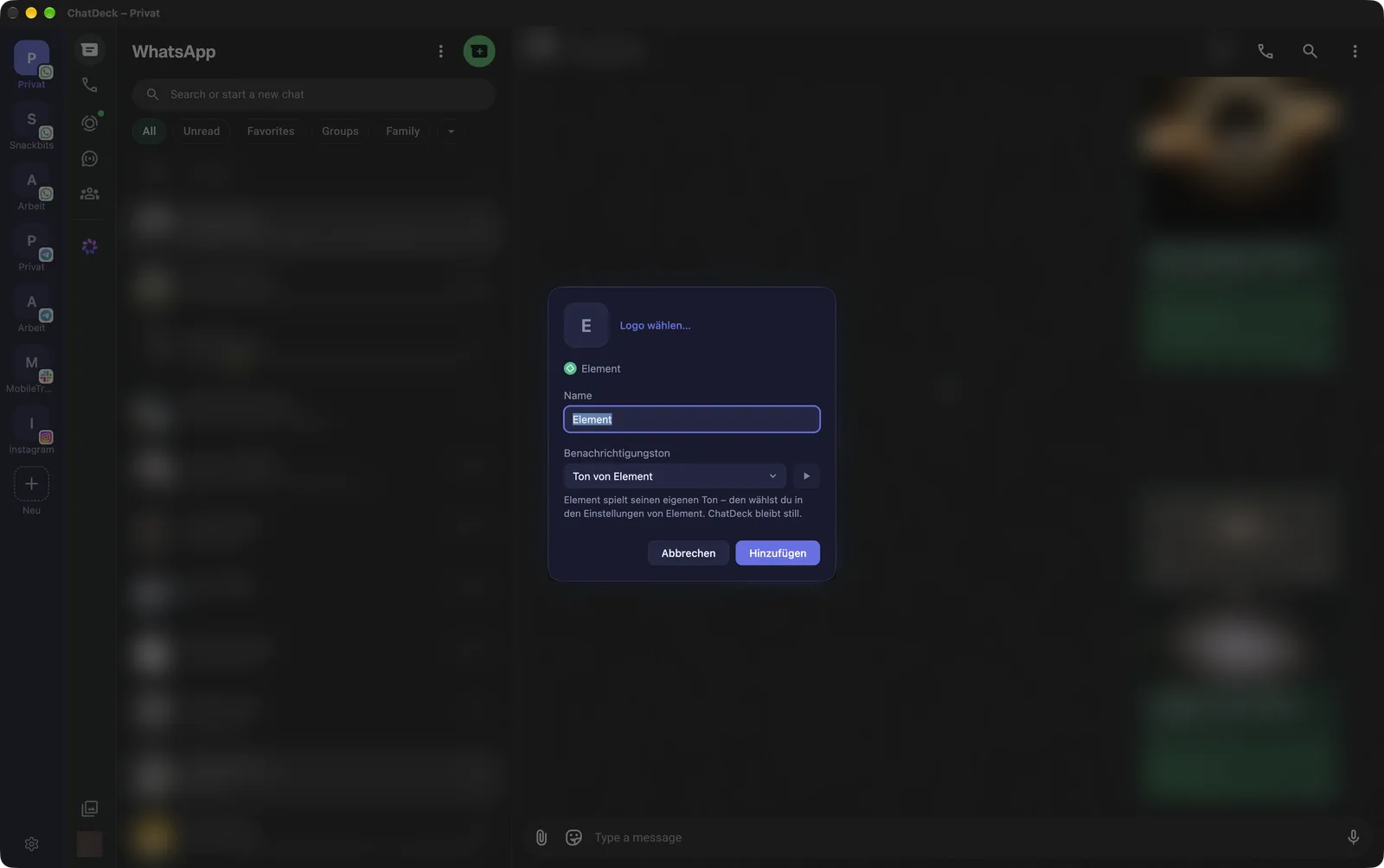 Dialog „Account hinzufügen“ mit Name, Logo und gewähltem Messenger