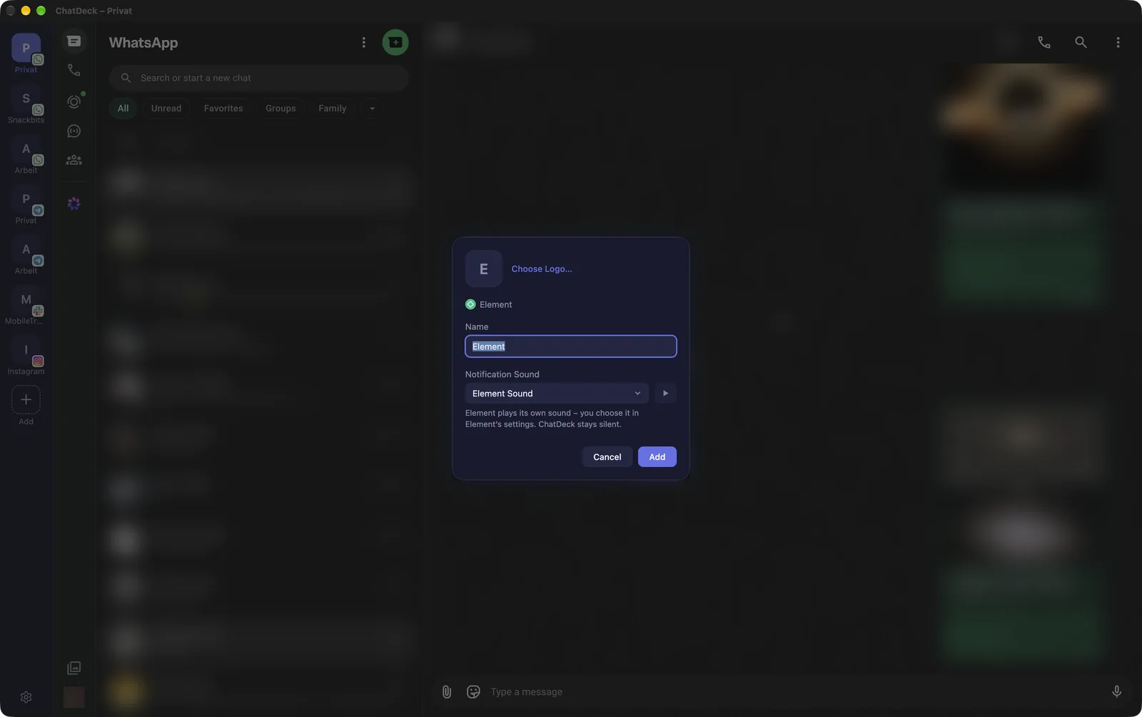 “Add account” dialog with name, logo and the chosen messenger