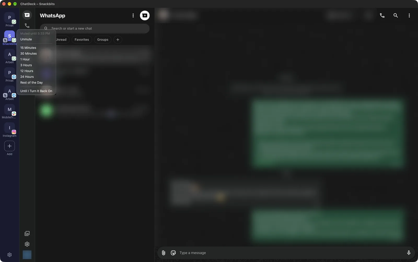ChatDeck with the “Mute” menu (15 minutes to “Until I Turn It Back On”) open next to the “Snackbits” account; two accounts show a crossed-out bell; chats blurred