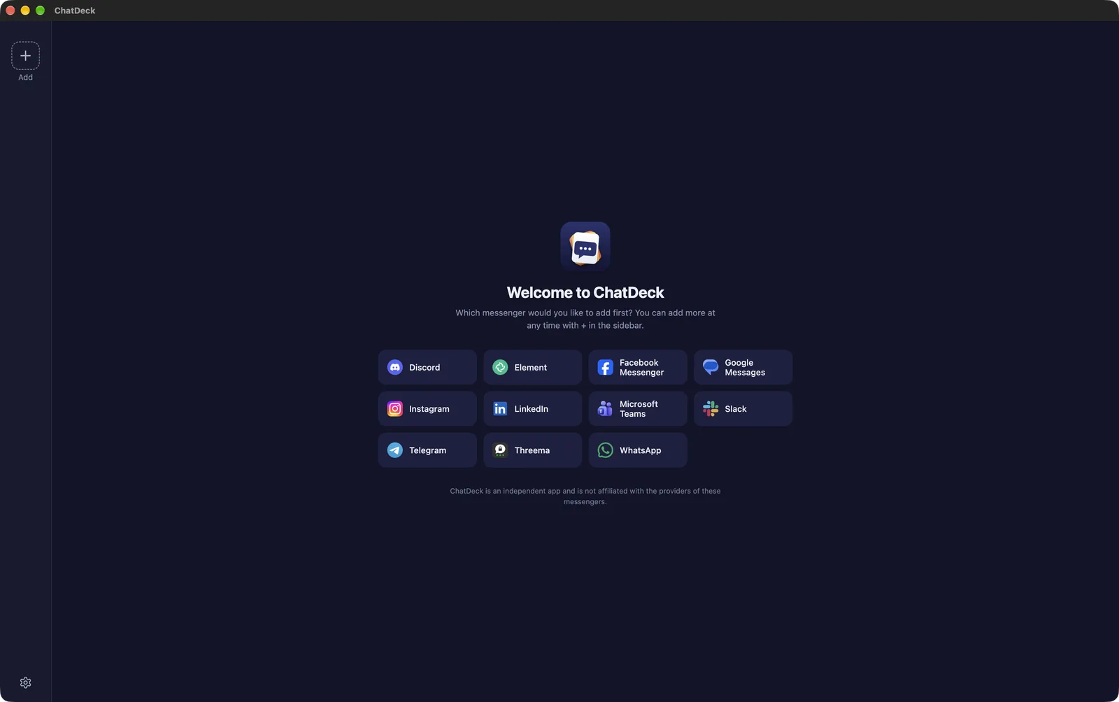 “Welcome to ChatDeck” welcome screen with tiles for every messenger