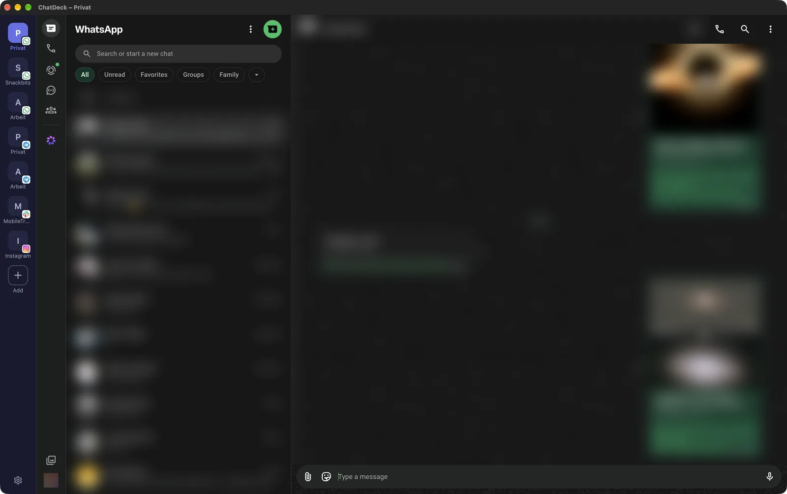 ChatDeck window with WhatsApp, Telegram, Slack and Instagram accounts in the sidebar and an open WhatsApp chat; chats blurred