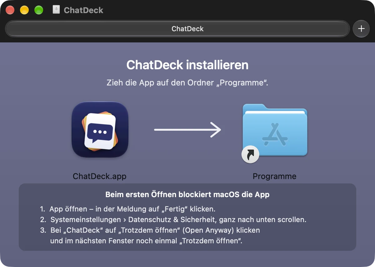 DMG-Fenster: ChatDeck wird auf den Ordner „Programme“ gezogen
