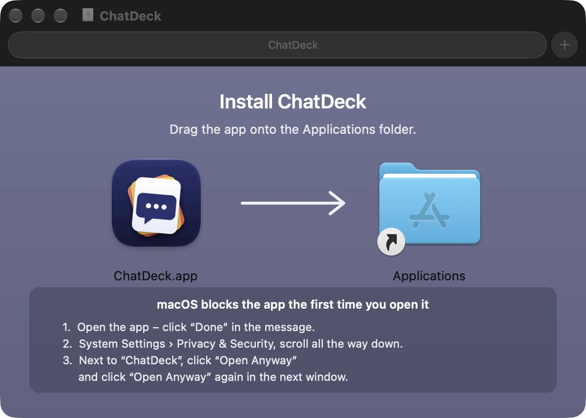 DMG window: ChatDeck being dragged onto the Applications folder