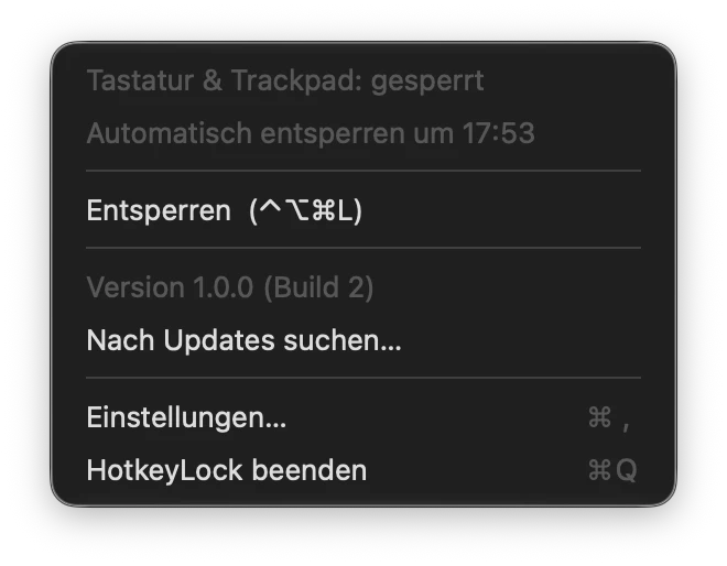 Menü von HotkeyLock im gesperrten Zustand: „Tastatur & Trackpad: gesperrt“, „Automatisch entsperren um“ mit Uhrzeit und „Entsperren (⌃⌥⌘L)“