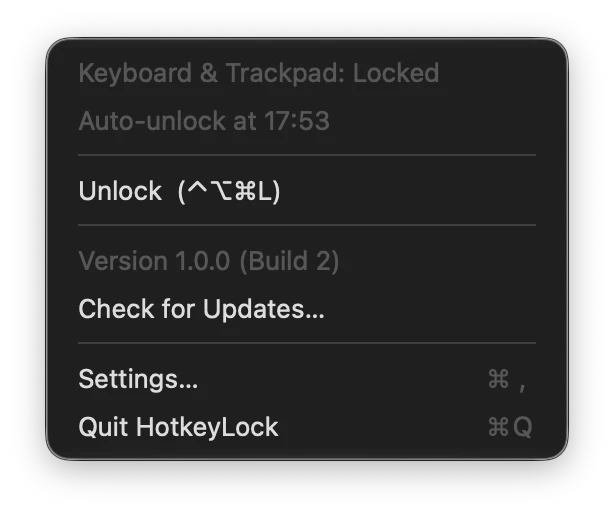 HotkeyLock menu while locked: “Keyboard & Trackpad: Locked”, “Auto-unlock at” with the time and “Unlock (⌃⌥⌘L)”