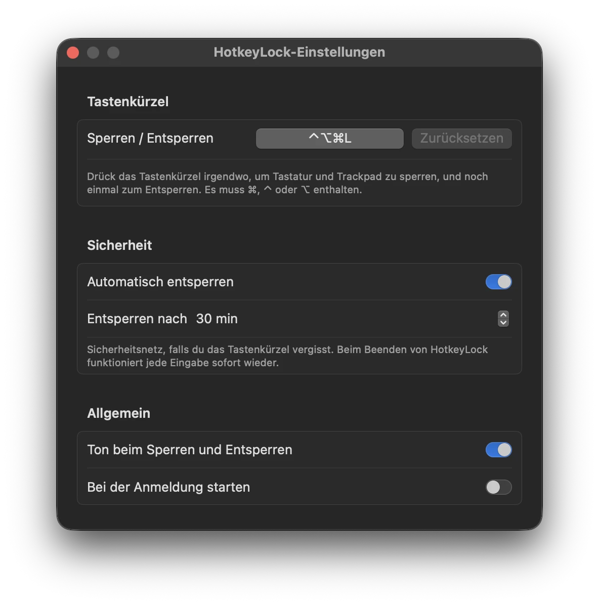 Fenster „HotkeyLock-Einstellungen“ mit Tastenkürzel ⌃⌥⌘L, „Automatisch entsperren“ nach 30 min, Ton und „Bei der Anmeldung starten“