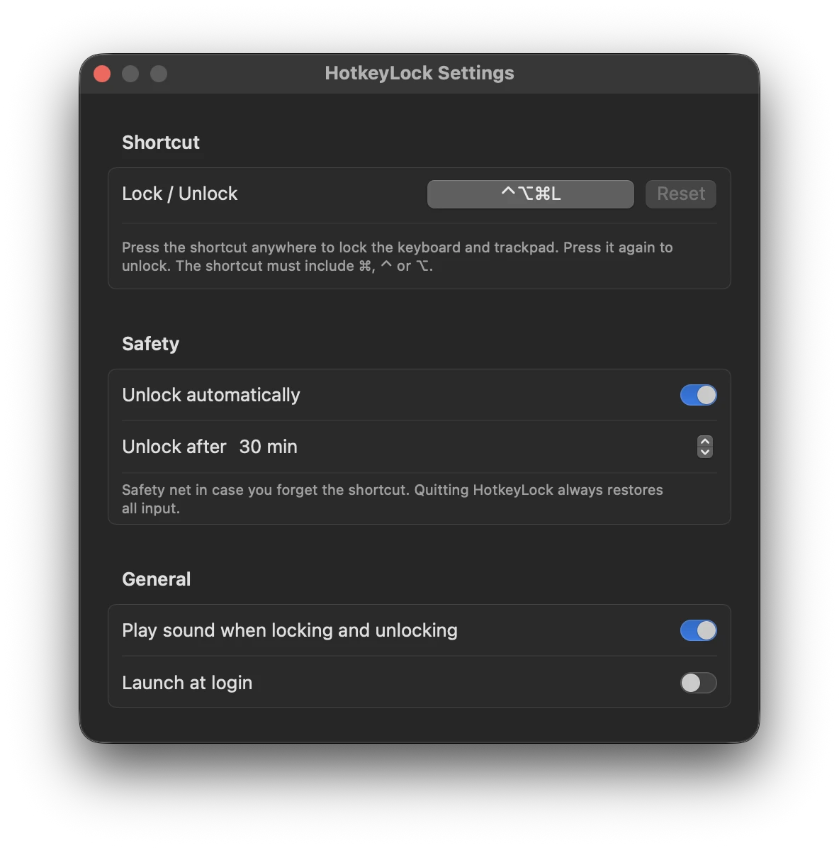 “HotkeyLock Settings” window with the shortcut ⌃⌥⌘L, “Unlock automatically” after 30 min, sound and “Launch at login”
