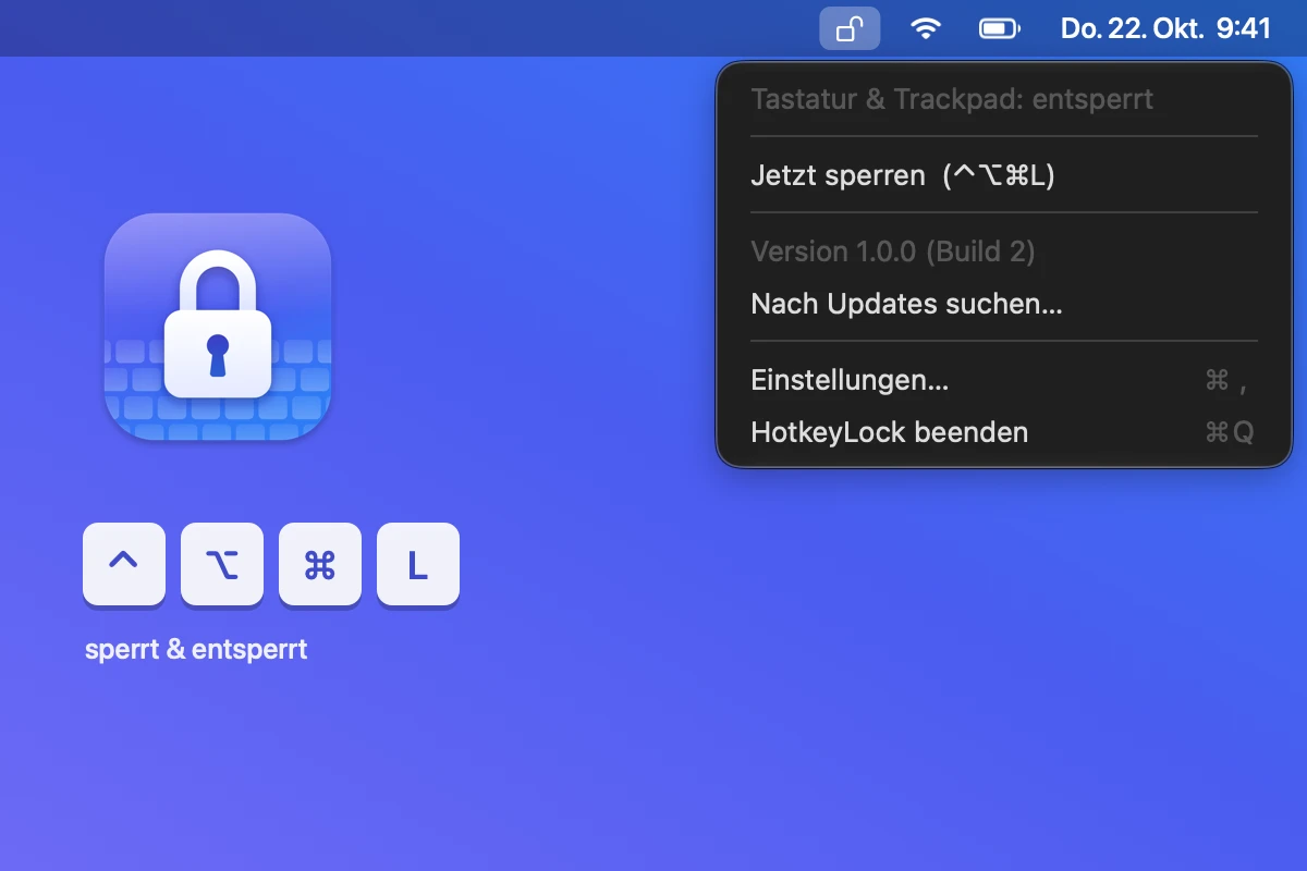 Menüleiste mit dem Schloss-Symbol von HotkeyLock und geöffnetem Menü „Jetzt sperren (⌃⌥⌘L)“, daneben App-Icon und die Tasten ⌃ ⌥ ⌘ L