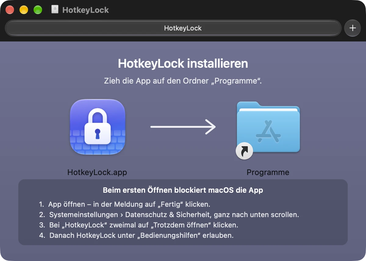 DMG-Fenster: HotkeyLock wird auf den Ordner „Programme“ gezogen