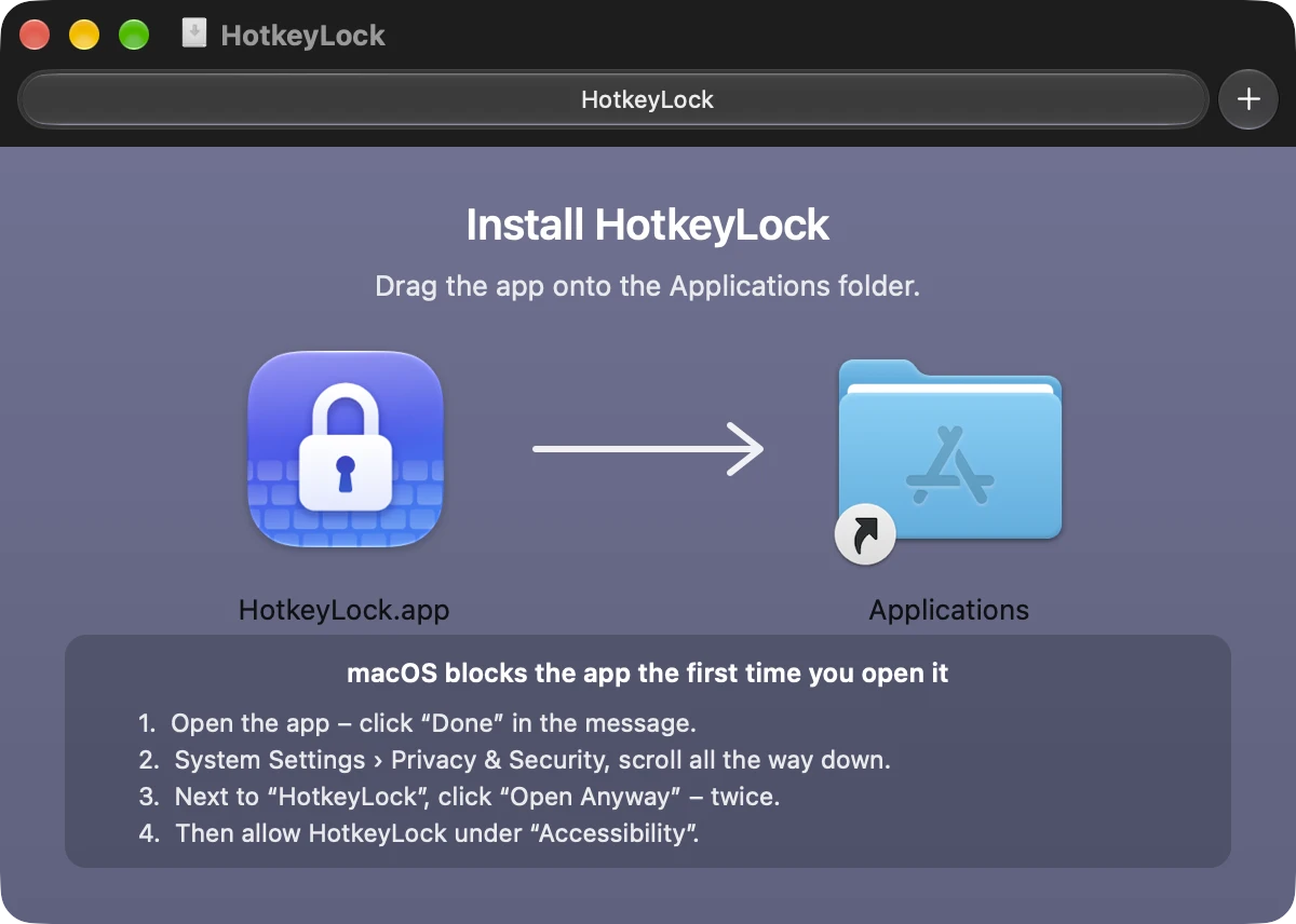 DMG window: HotkeyLock being dragged onto the Applications folder
