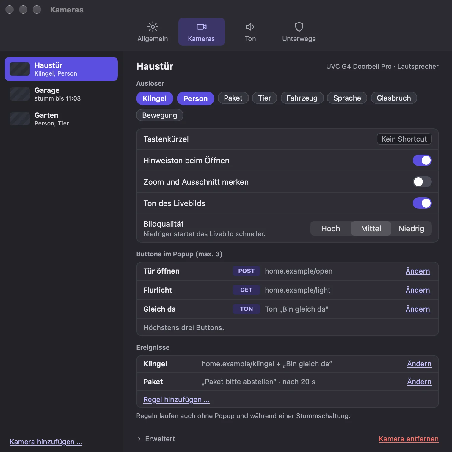 Camera settings with triggers, buttons and event rules