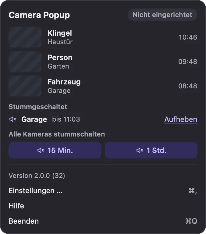 Menu bar panel with recent events and mute controls