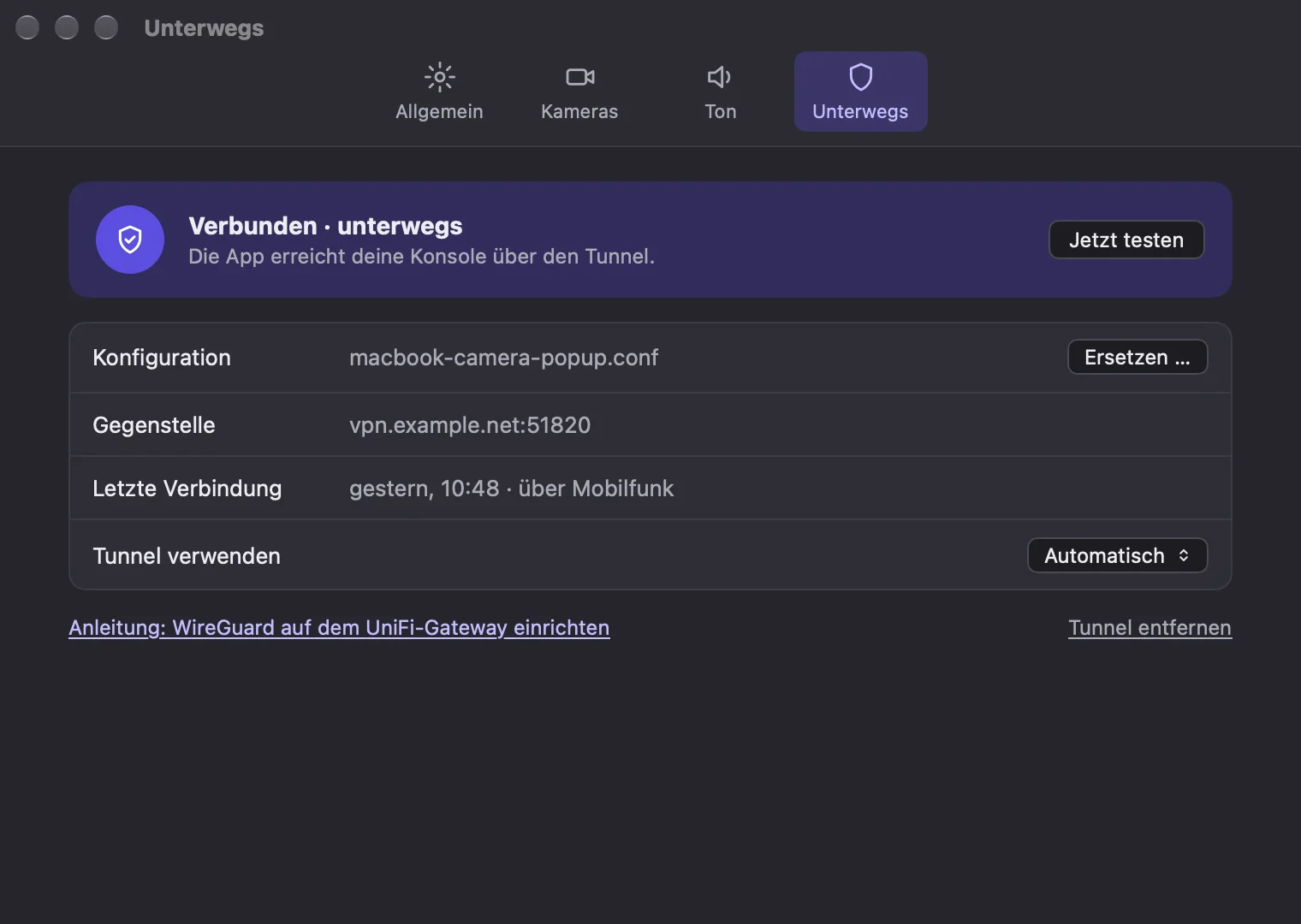 On-the-go settings with WireGuard tunnel, connected