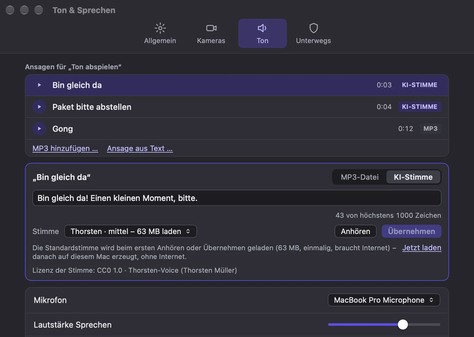 Sound settings with announcements and locally generated voices