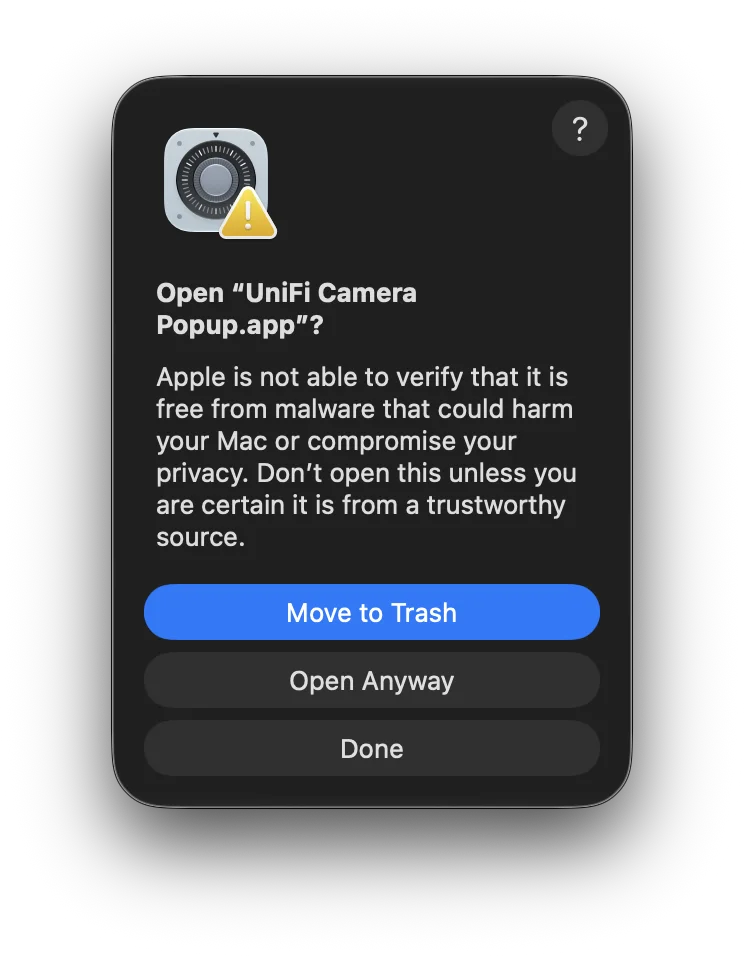 Dialog with “Open Anyway” and confirmation via password or Touch ID