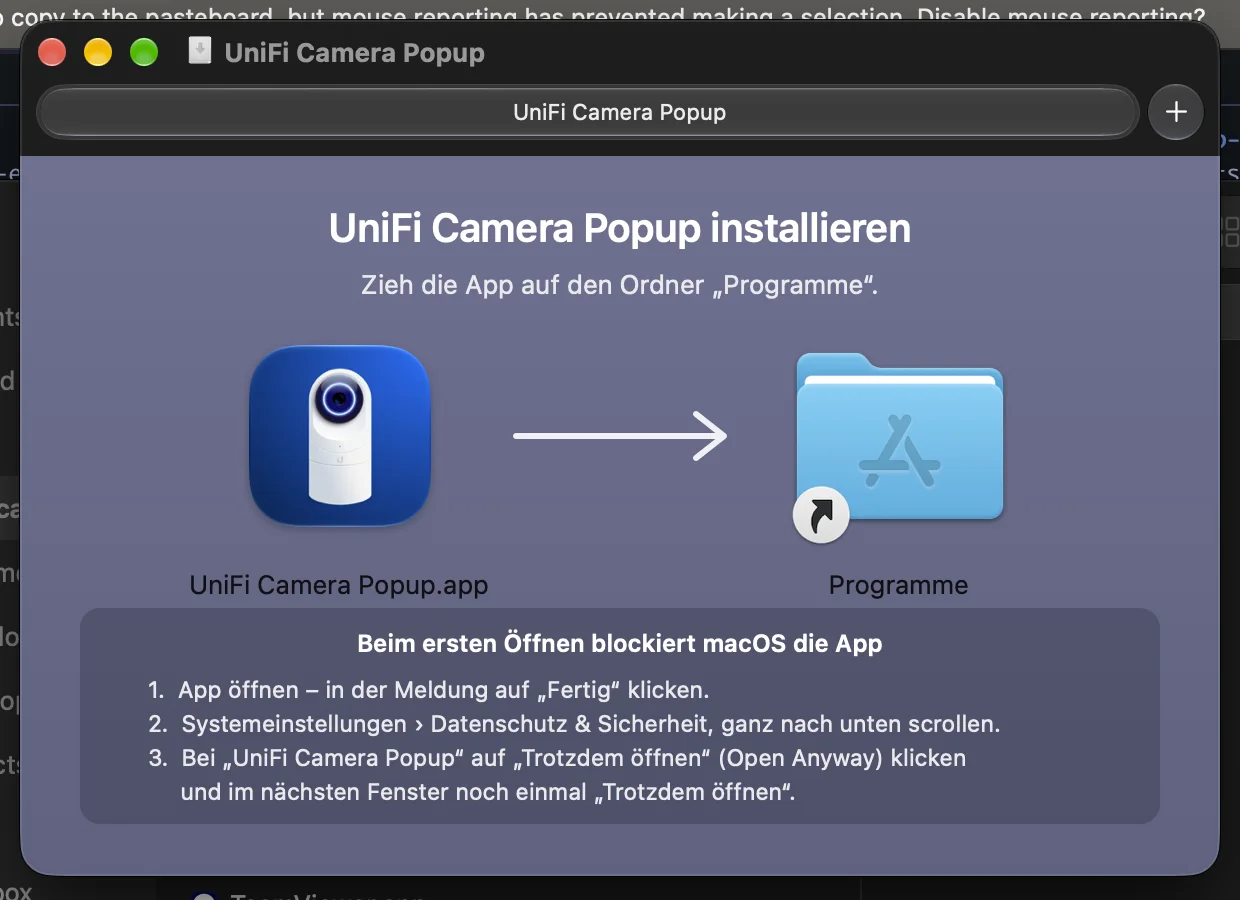 DMG window: the app being dragged onto the Applications folder