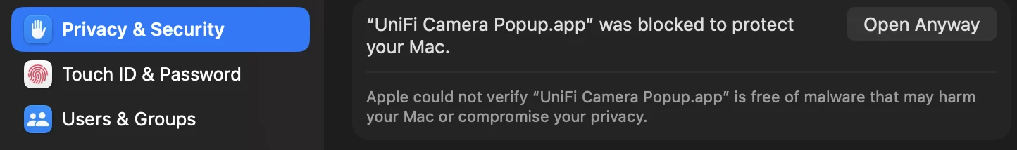 System Settings › Privacy & Security with “Open Anyway”